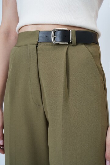 Kemerli Düğme Kapamalı Çift Cepli Palazzo Pantolon