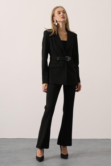 Kemerli Fleto Cepli Dikiş Detaylı Blazer Ceket