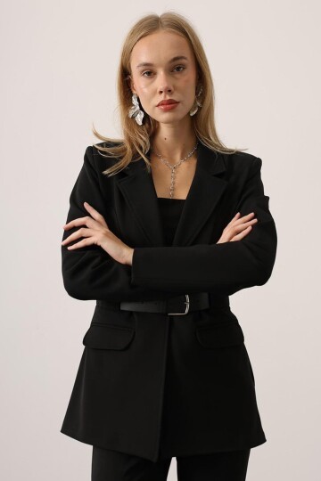 Kemerli Fleto Cepli Dikiş Detaylı Blazer Ceket