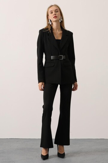 Kemerli Fleto Cepli Dikiş Detaylı Blazer Ceket