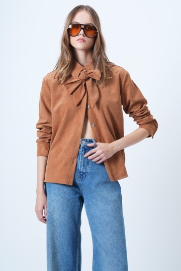 Kendinden Kuşaklı Oversize Kadife Gömlek