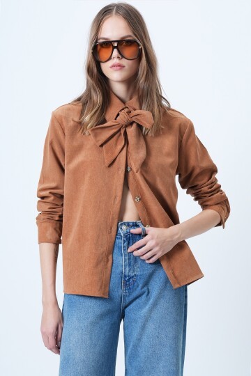 Kendinden Kuşaklı Oversize Kadife Gömlek