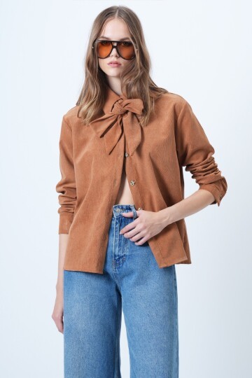 Kendinden Kuşaklı Oversize Kadife Gömlek