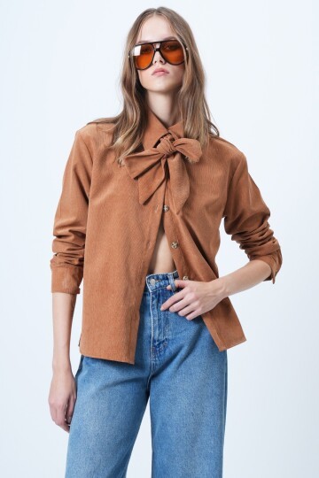 Kendinden Kuşaklı Oversize Kadife Gömlek