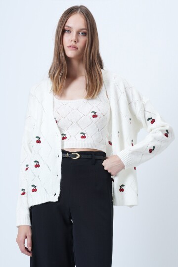 Kiraz Desen Triko Hırka Ve Atlet Takım