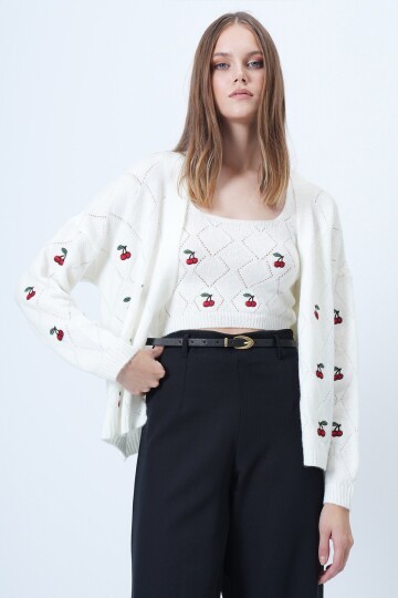 Kiraz Desen Triko Hırka Ve Atlet Takım