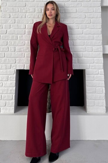 Kruvaze Yaka Bağlamalı Blazer Ceket ve Palazzo Pantolon Takım