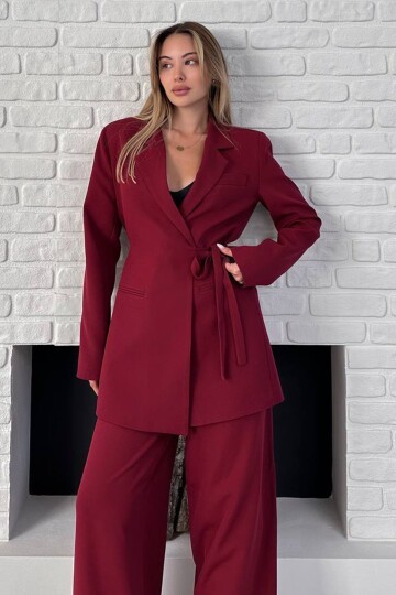 Kruvaze Yaka Bağlamalı Blazer Ceket ve Palazzo Pantolon Takım