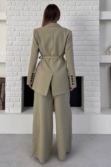 Kruvaze Yaka Bağlamalı Blazer Ceket ve Palazzo Pantolon Takım