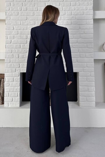 Kruvaze Yaka Bağlamalı Blazer Ceket ve Palazzo Pantolon Takım