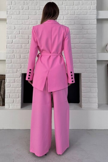 Kruvaze Yaka Bağlamalı Blazer Ceket ve Palazzo Pantolon Takım