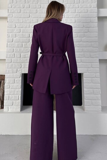 Kruvaze Yaka Bağlamalı Blazer Ceket ve Palazzo Pantolon Takım