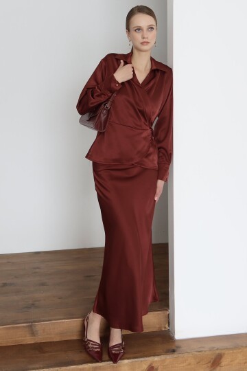 Kruvaze Yaka Bağlamalı Saten Bluz