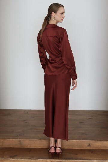 Kruvaze Yaka Bağlamalı Saten Bluz