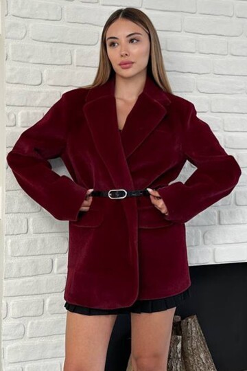 Kruvaze Yaka Kemerli Cep Kapaklı Peluş Kaban