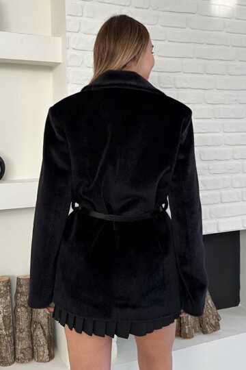 Kruvaze Yaka Kemerli Cep Kapaklı Peluş Kaban