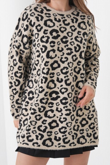 Leopar Desenli Bisiklet Yaka Yumoş Triko Kazak