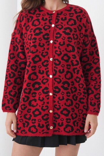 Leopar Desenli Düğmeli Yumoş Triko Hırka