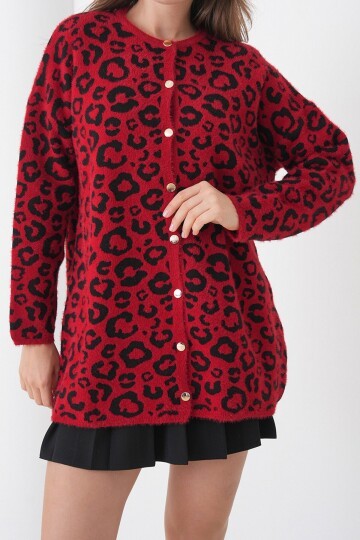 Leopar Desenli Düğmeli Yumoş Triko Hırka