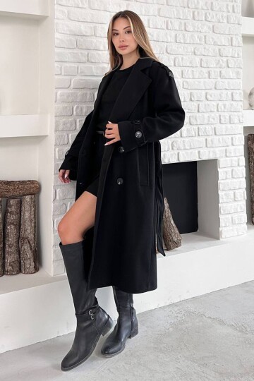 Omuz ve Kolları Kemer Detaylı Kuşak Bağlamalı Çif Cepli Kaban