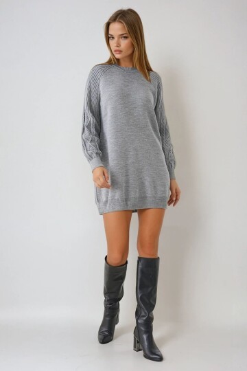 Örgü Detaylı Balon Kollu Triko Elbise