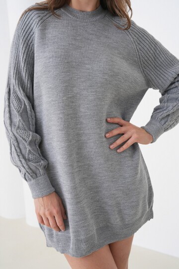 Örgü Detaylı Balon Kollu Triko Elbise