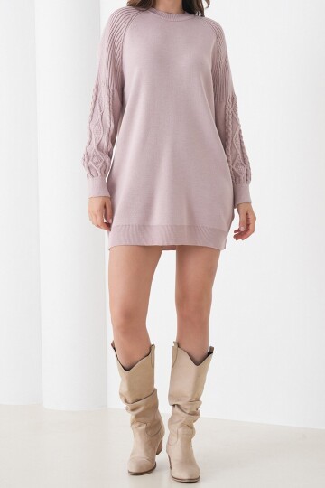 Örgü Detaylı Balon Kollu Triko Elbise