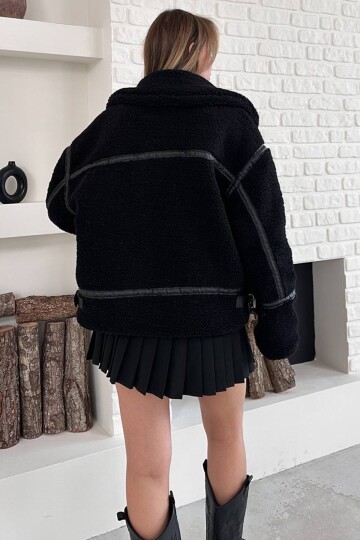 Oversize Teddy Kürk Fermuarlı Deri Detaylı Mont