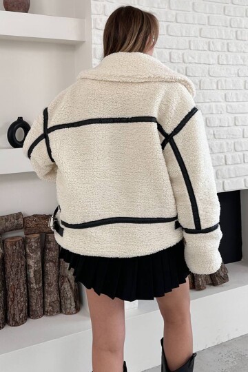 Oversize Teddy Kürk Fermuarlı Deri Detaylı Mont