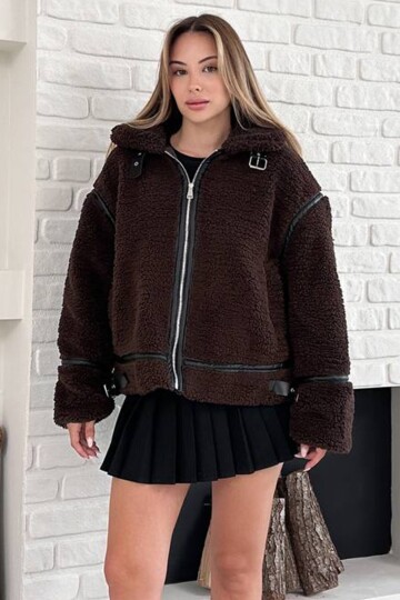 Oversize Teddy Kürk Fermuarlı Deri Detaylı Mont