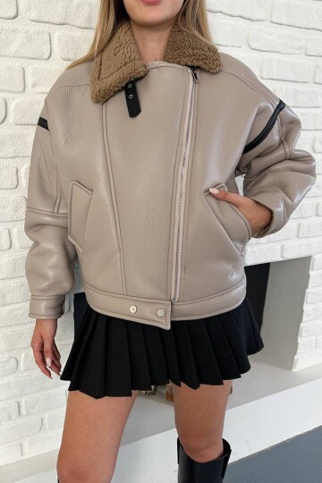 Peluş Astarlı Oversize Fermuarlı  Deri Mont