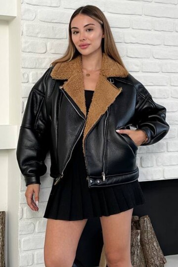 Peluş Astarlı Oversize Fermuarlı  Deri Mont