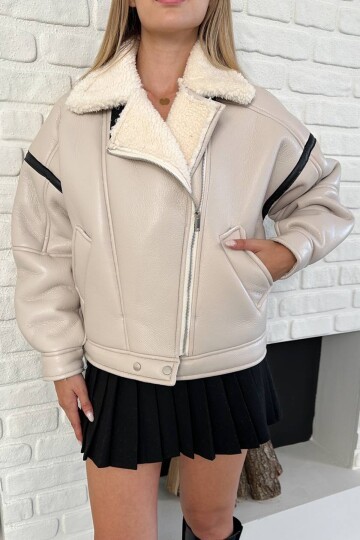 Peluş Astarlı Oversize Fermuarlı  Deri Mont