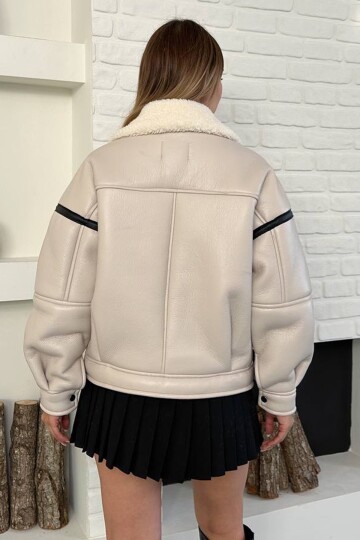 Peluş Astarlı Oversize Fermuarlı  Deri Mont