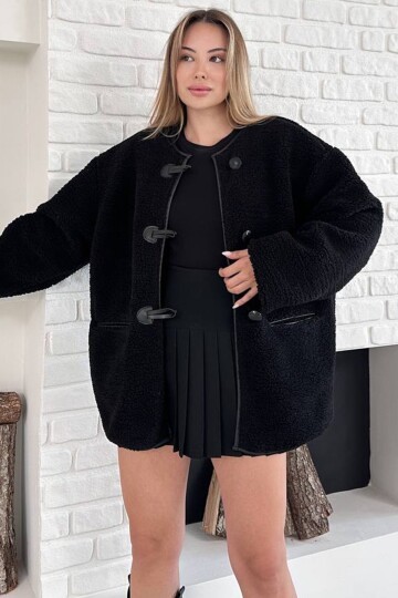 Peluş Kumaş Tokalı Oversize Ceket