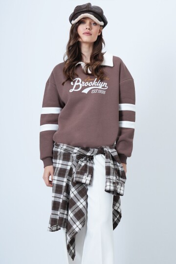 Polo Yaka 3 İplik Baskılı Oversize Sweatshirt