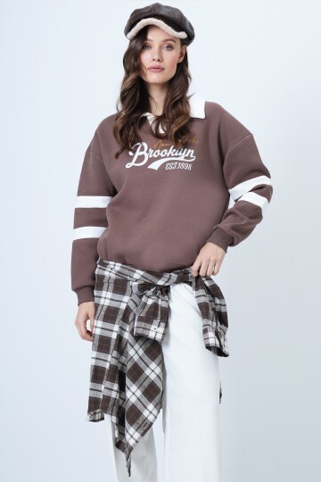 Polo Yaka 3 İplik Baskılı Oversize Sweatshirt