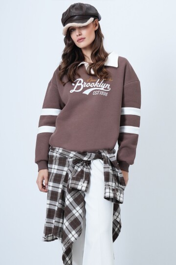 Polo Yaka 3 İplik Baskılı Oversize Sweatshirt