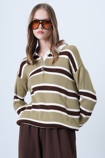 Polo Yaka Çizgili Triko Kazak