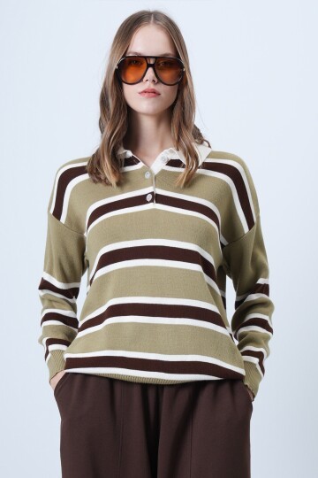Polo Yaka Çizgili Triko Kazak