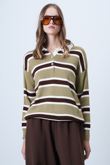 Polo Yaka Çizgili Triko Kazak