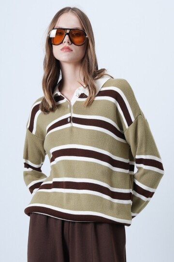 Polo Yaka Çizgili Triko Kazak