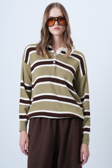 Polo Yaka Çizgili Triko Kazak