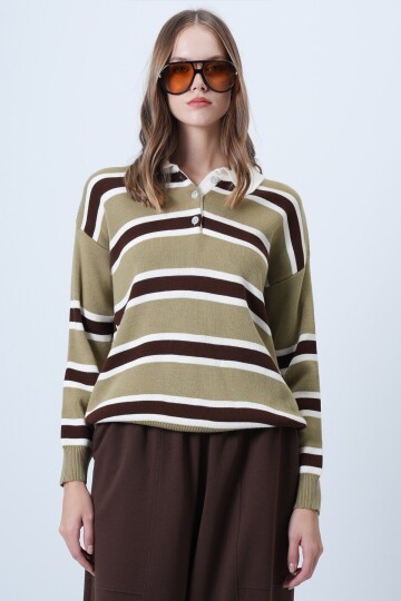 Polo Yaka Çizgili Triko Kazak