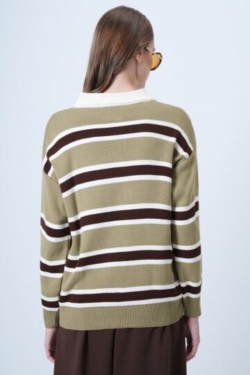 Polo Yaka Çizgili Triko Kazak