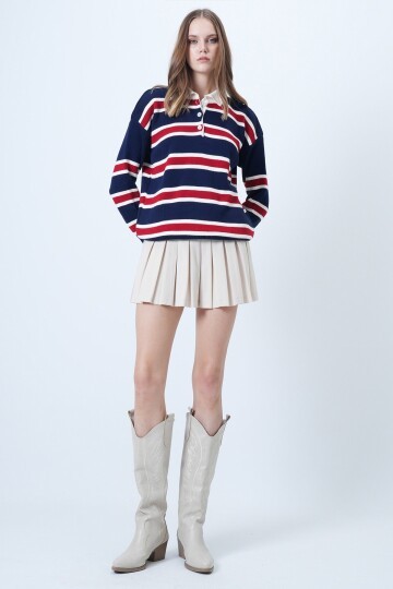 Polo Yaka Çizgili Triko Kazak