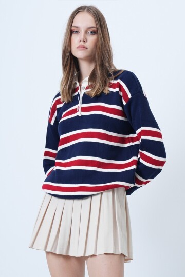 Polo Yaka Çizgili Triko Kazak