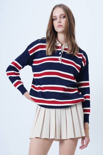 Polo Yaka Çizgili Triko Kazak