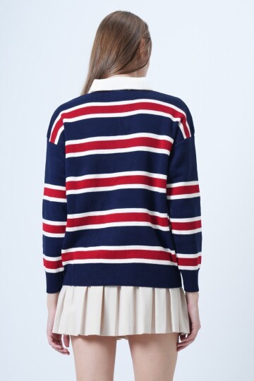 Polo Yaka Çizgili Triko Kazak