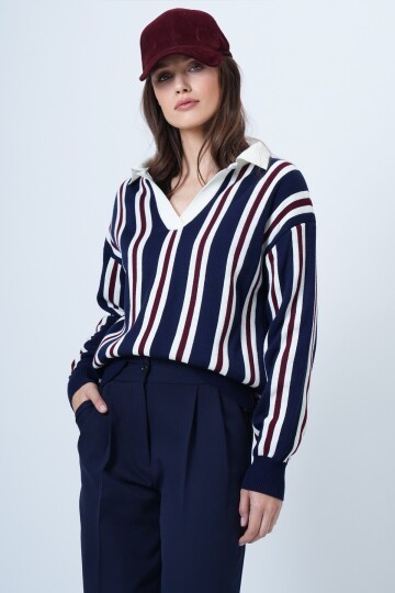 Polo Yaka Çizgili Triko Kazak
